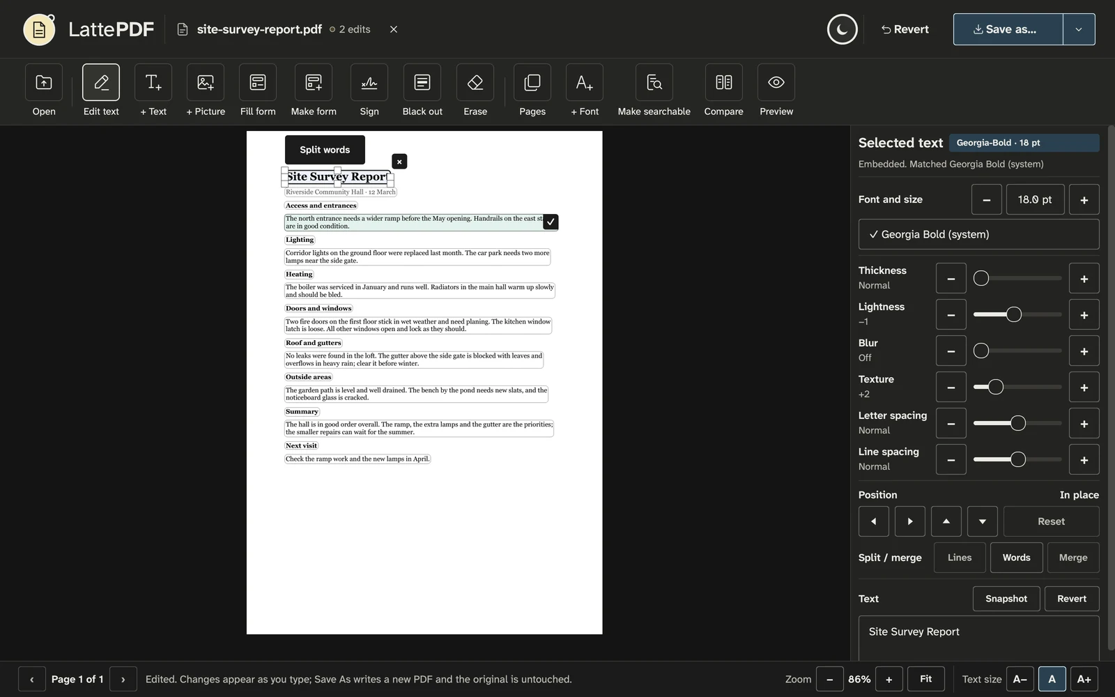 Latte PDF editing a made-up site survey report: the title is selected, and the panel beside the page shows its font, size, thickness, lightness and spacing.