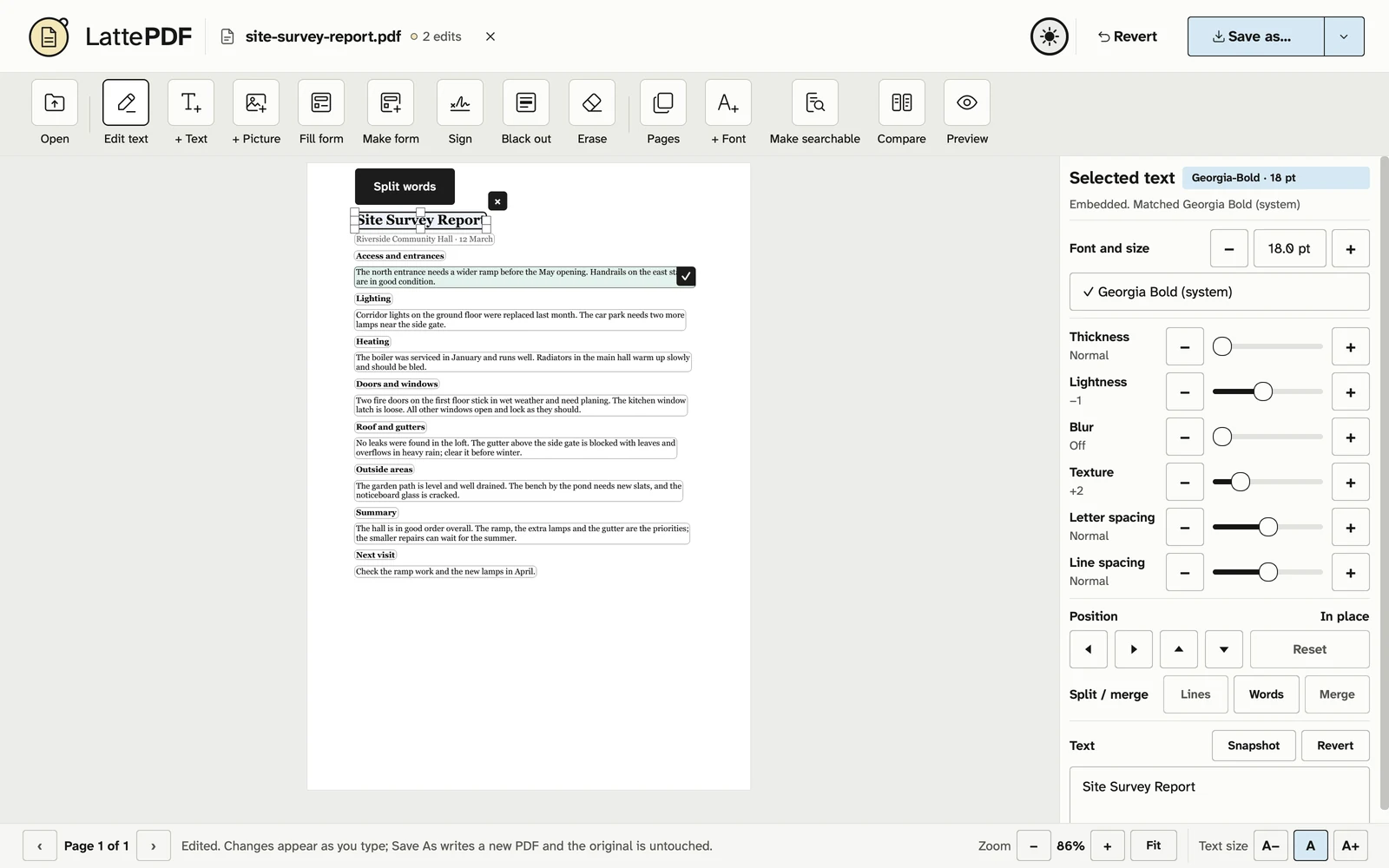 Latte PDF editing a made-up site survey report: the title is selected, and the panel beside the page shows its font, size, thickness, lightness and spacing.