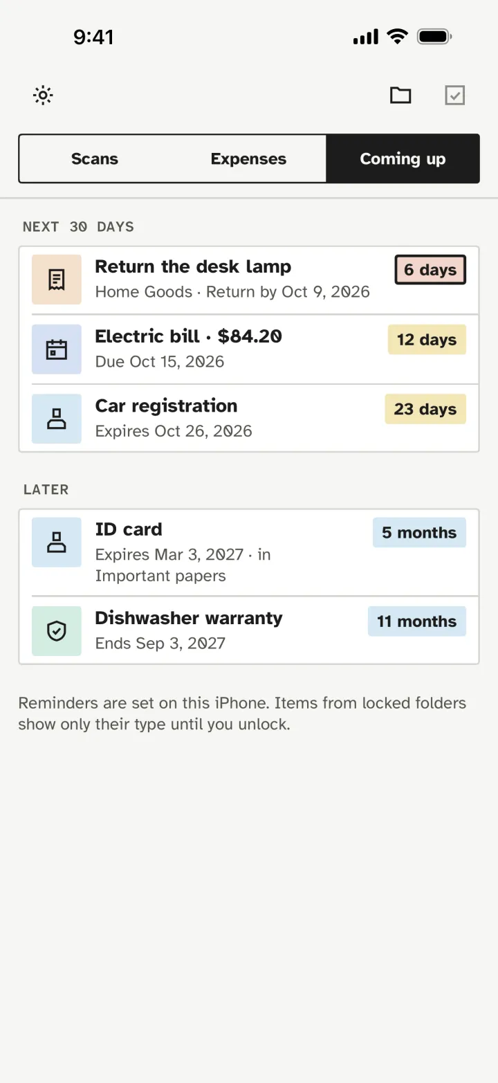 Coming up: a return in 6 days, a bill in 12 days, a car registration and warranties later