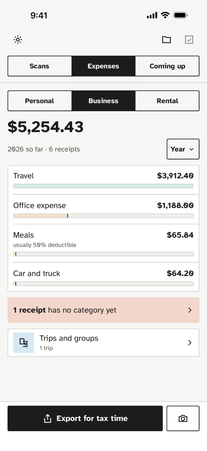 Business expenses for the year by category, with Export for tax time