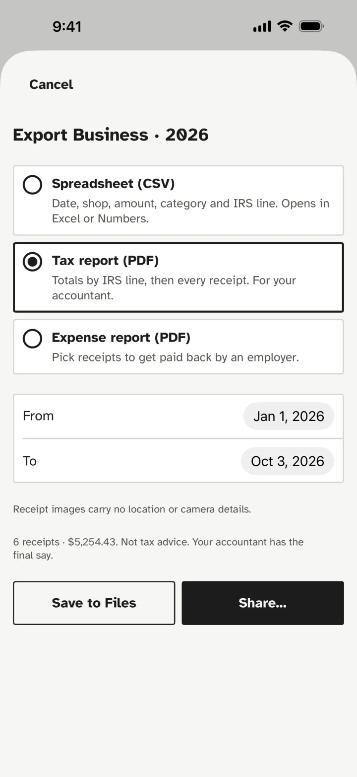 Exporting a year of business expenses as a spreadsheet, a tax report or an expense report