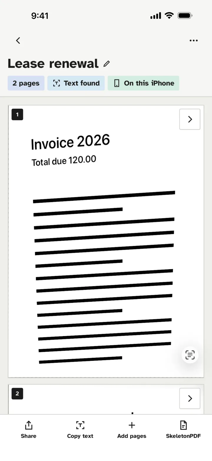 A two-page scan marked Text found and On this iPhone
